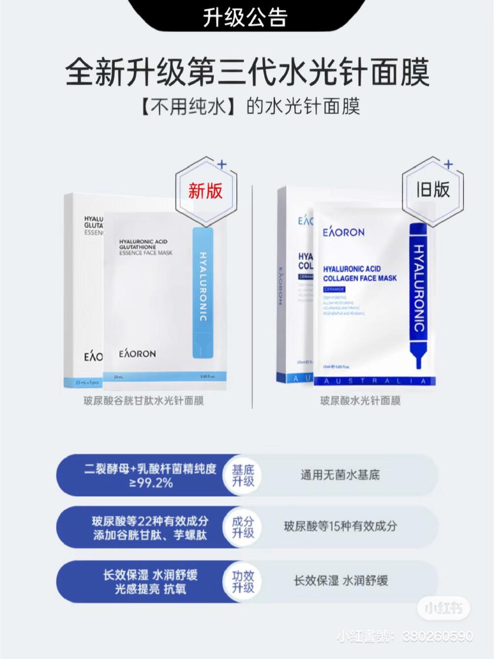 (現貨)🇦🇺EAORON Hyaluronic Acid Glutathione Essence Face Mask 新版玻尿酸水光白膜 25ml X 5片 (10盒或以上每盒$14)